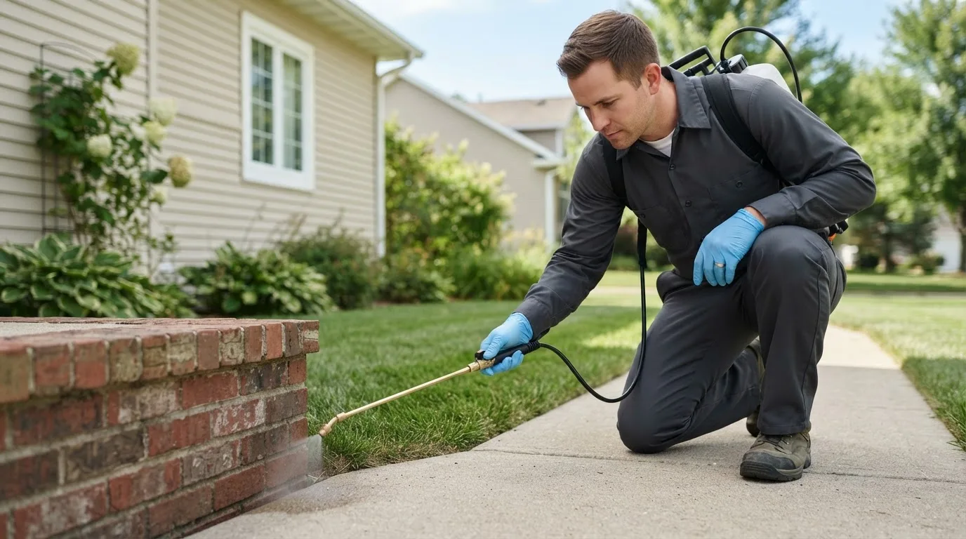 Pest control technician treating a home near Carrollton, IL