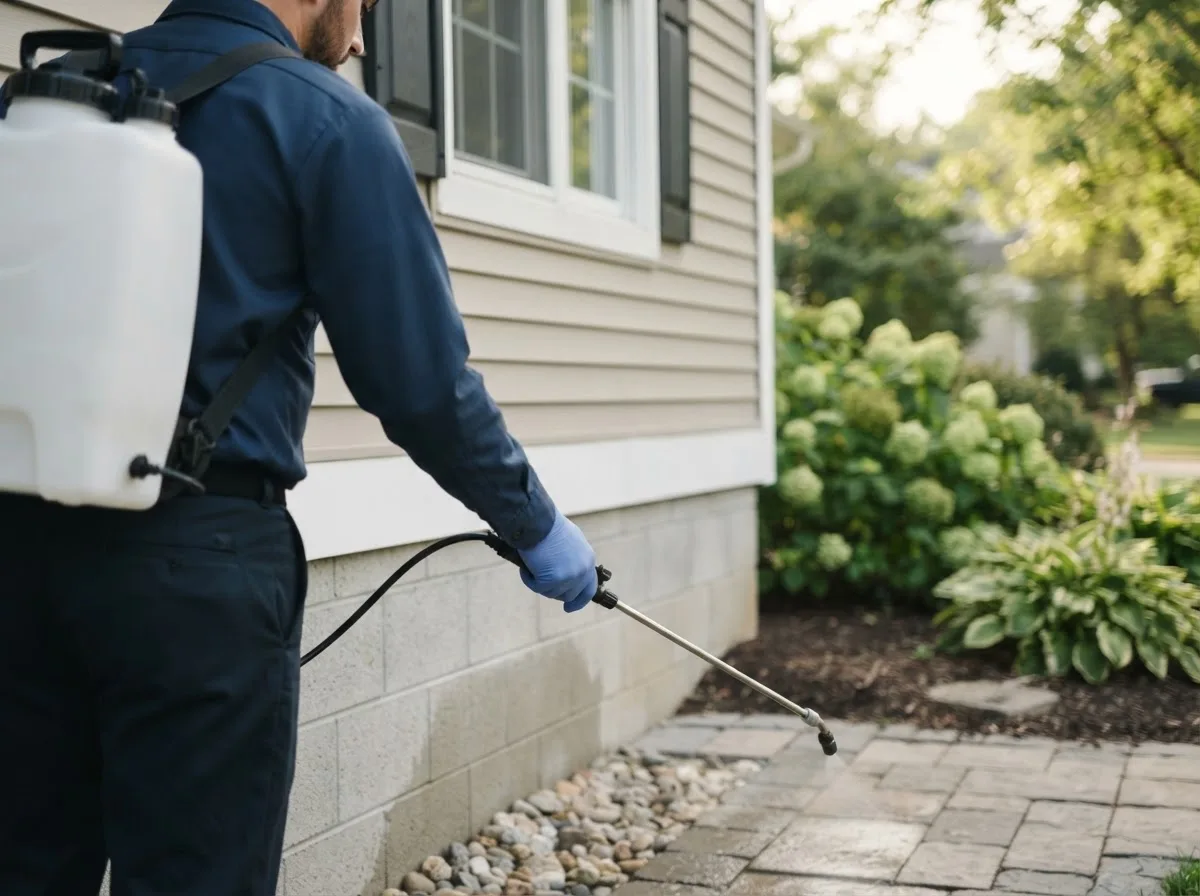 Pest control technician inspecting a home in Carrollton, IL